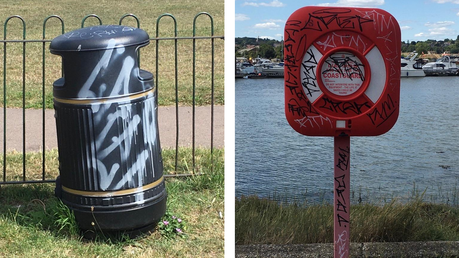 Two examples of graffiti, on a litter bin and on a lifebelt casing
